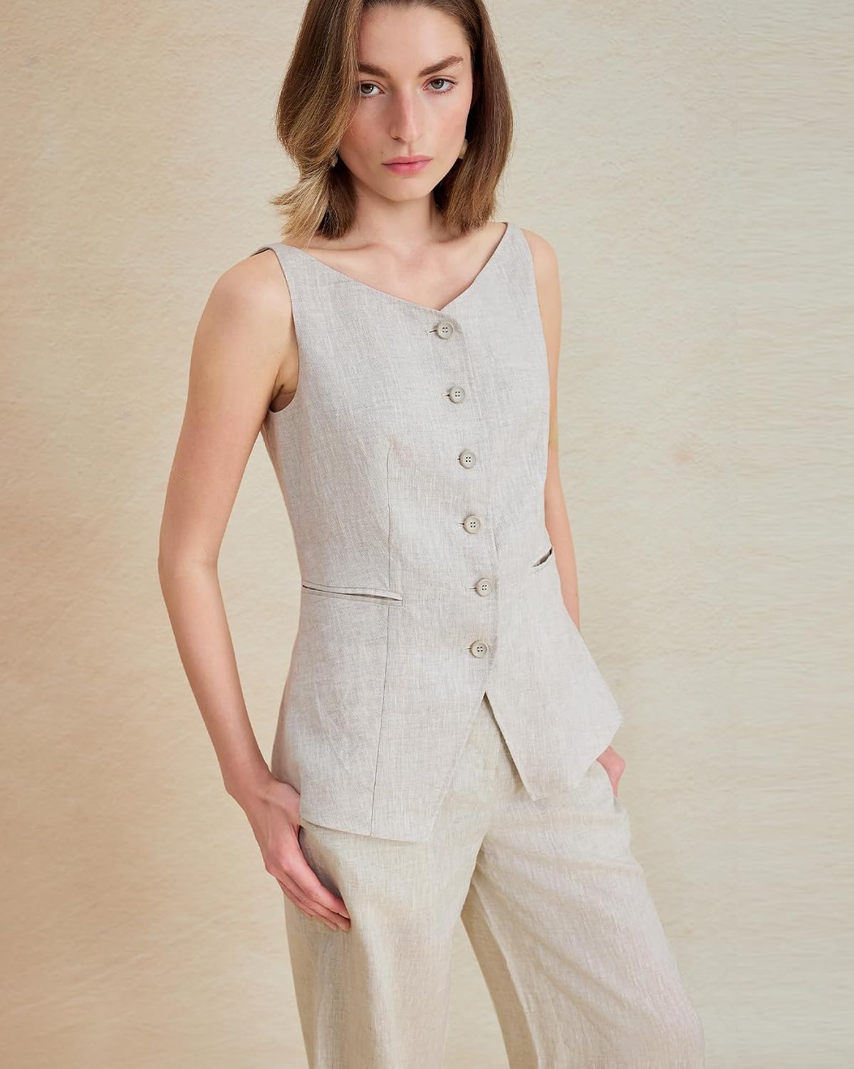 Women's 100% Linen Suit Vest Sleeveless Tailored Blazer Waistcoat