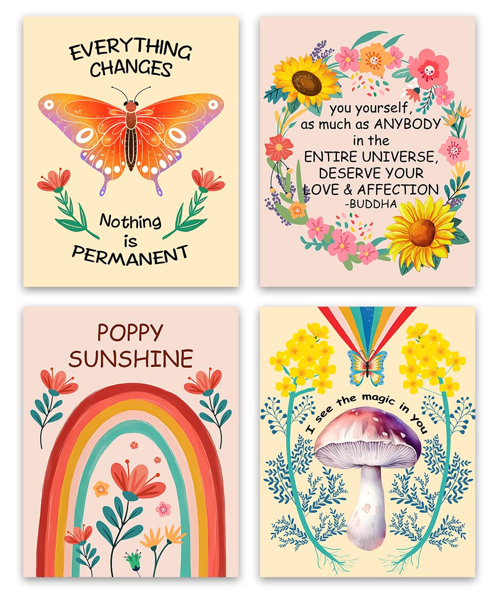 Boho Inspirational Quotes Posters,Butterfly Motivational Canvas Prints,Colorful Rainbow and Flowers Wall Decor,Boho inspired Wall Art,for Home bedroom Living Room Kindergarten Wall Decor,Set of 4 (8" X 10"inches, Unframed)