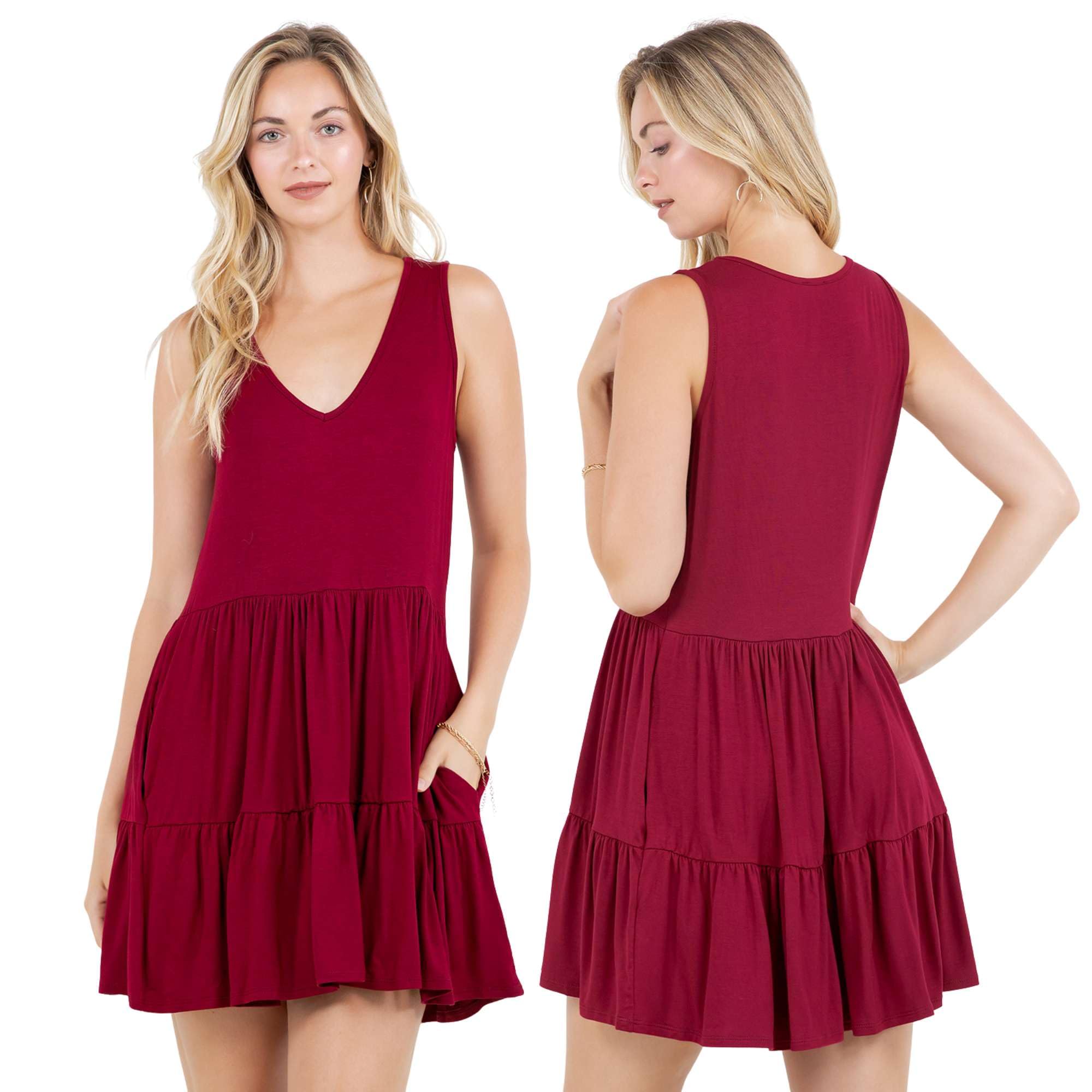 Azules Womens Sleeveless Tiered V-Neck Dress Soft Stretchy Flowy Babydoll Mini Swing Dress with Pockets