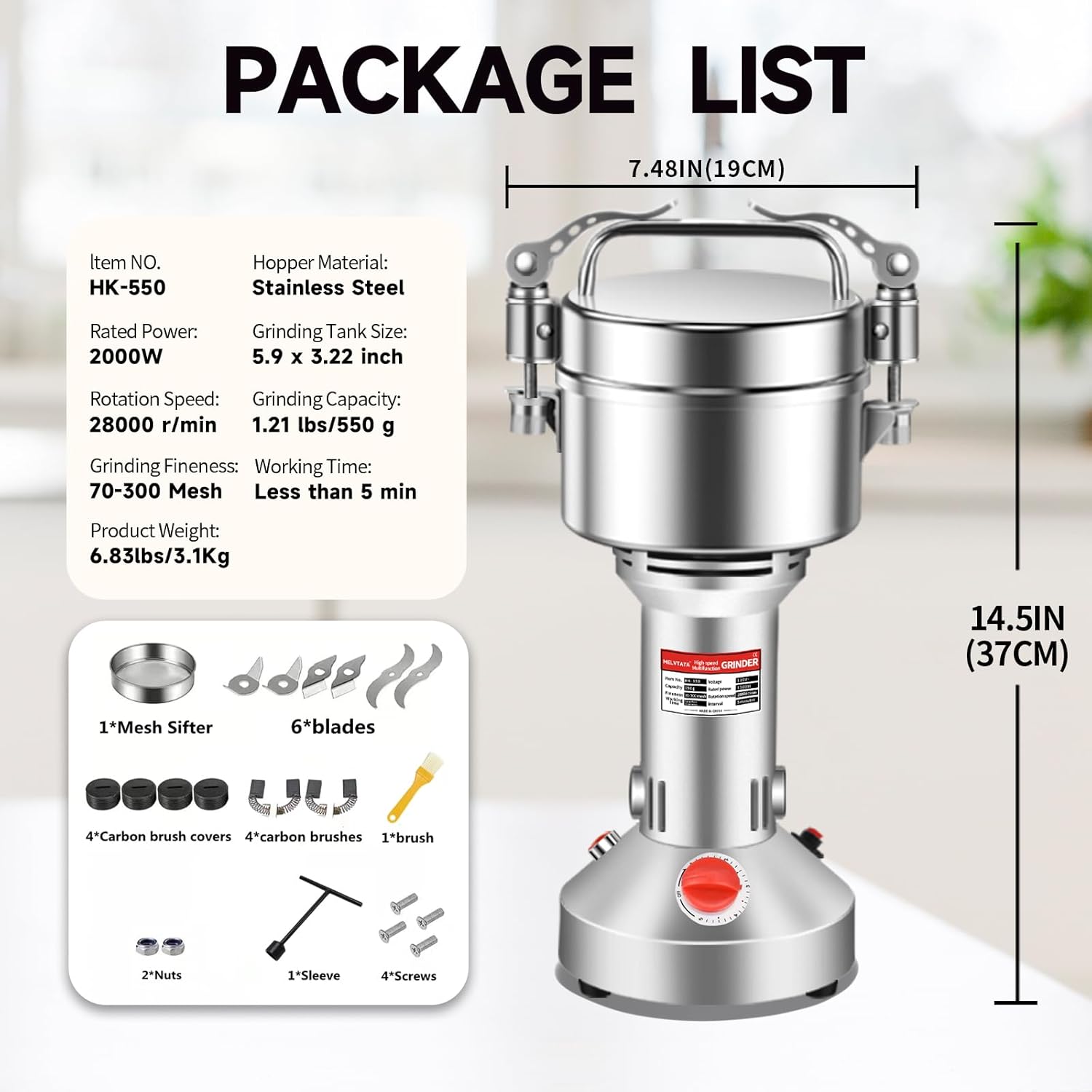 550g Grain Grinder 2000W Electric Spice Grinder High-Speed Stainless Steel Flour Mill Suitable for Coffee/Corn/Pepper/Herbs/Wheat/Rice