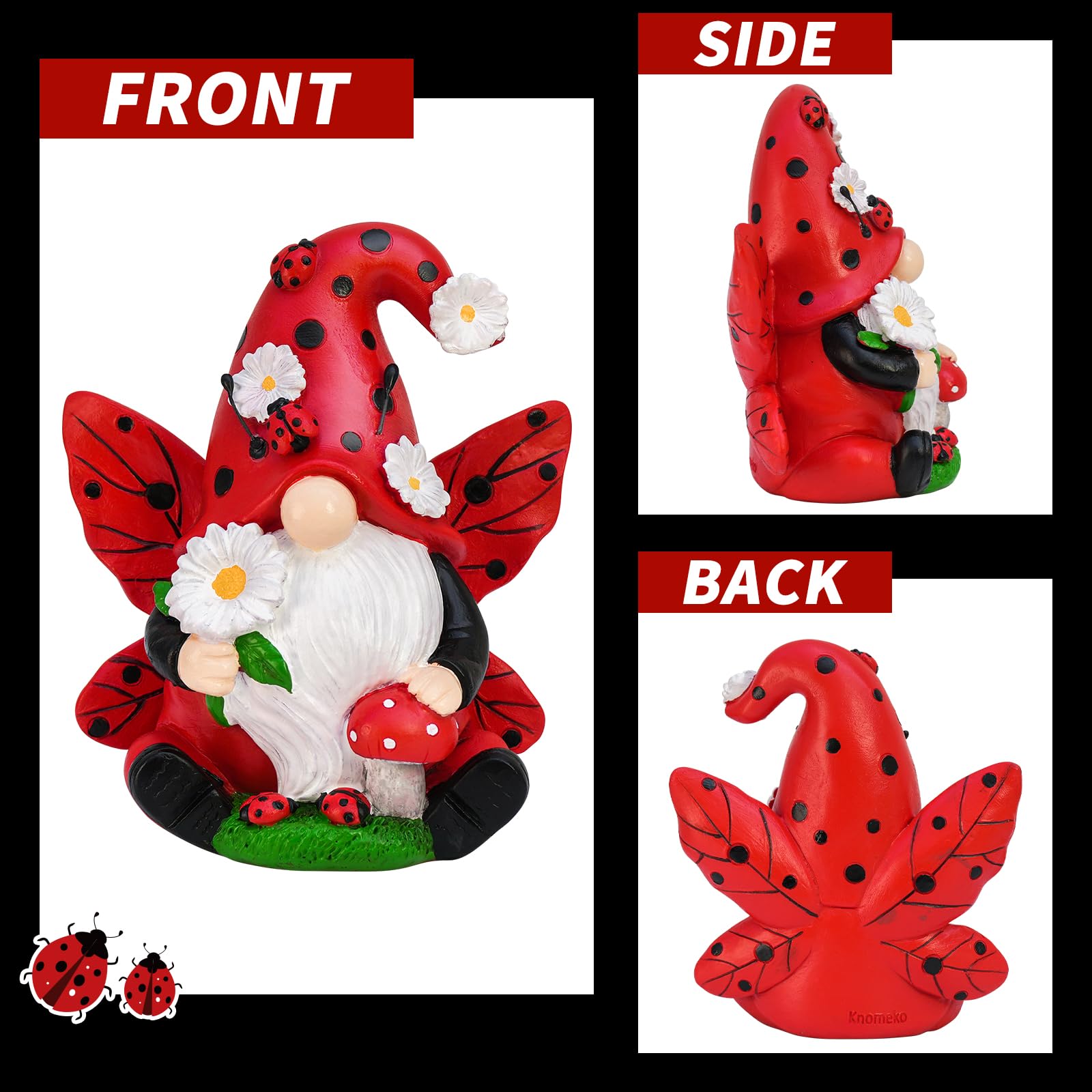 Ladybug Gnome Garden Decor, Fairy Gnome Figurine with Flowers, Spring Summer Outdoor Garden Decorations for Yard Lawn Patio, Garden Gifts for Women