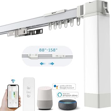 Astomi Smart Curtain System, Remote, 88-158 in, Alexa/Google | 88158 in aluminum track fits varied window openings; quiet motor with remote works with Alexa, Google & Tuya