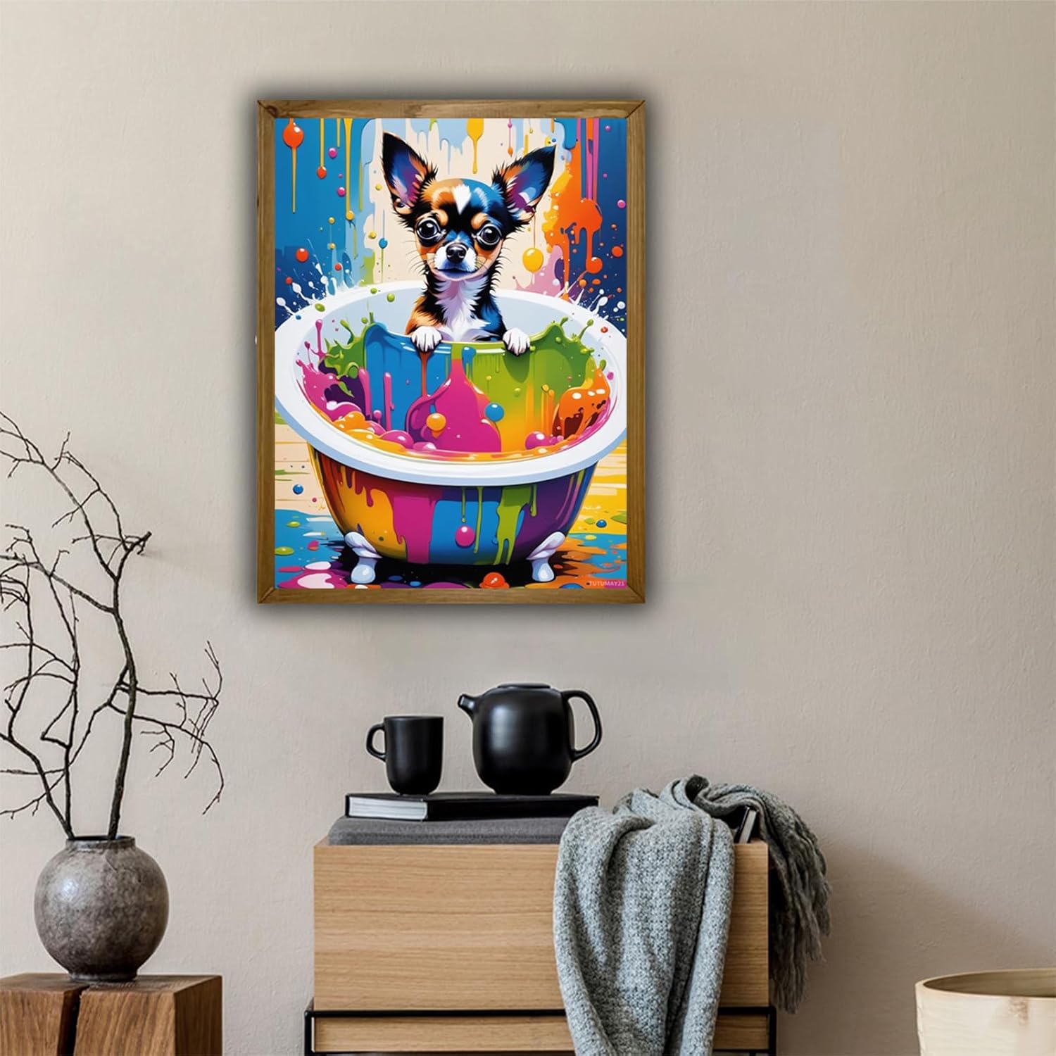 Christmas Gift Chihuahua in Bathtub Colorful Dog DIY Diamond Painting Kits for Adults Round Full Drill 5D Diamonds Gem Art Home Wall Decor for New Year Valentine's Day 12x16 inch