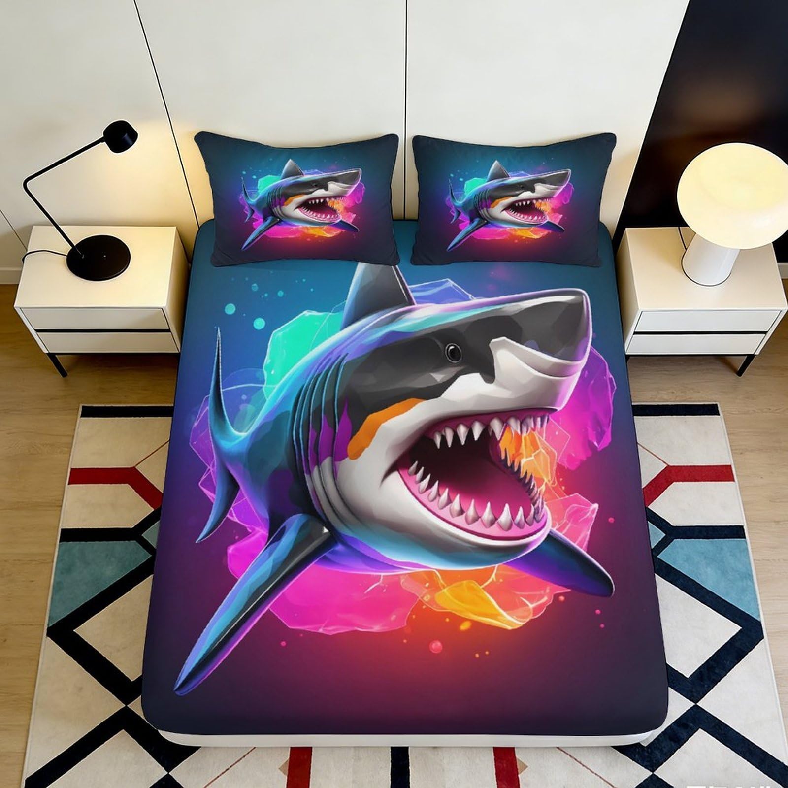 3D Printed Neon Shark Fitted Sheet Microfiber Vibrant Ocean Mattress Cover for Bedroom Dorm Decor Protection 90x200x25cm