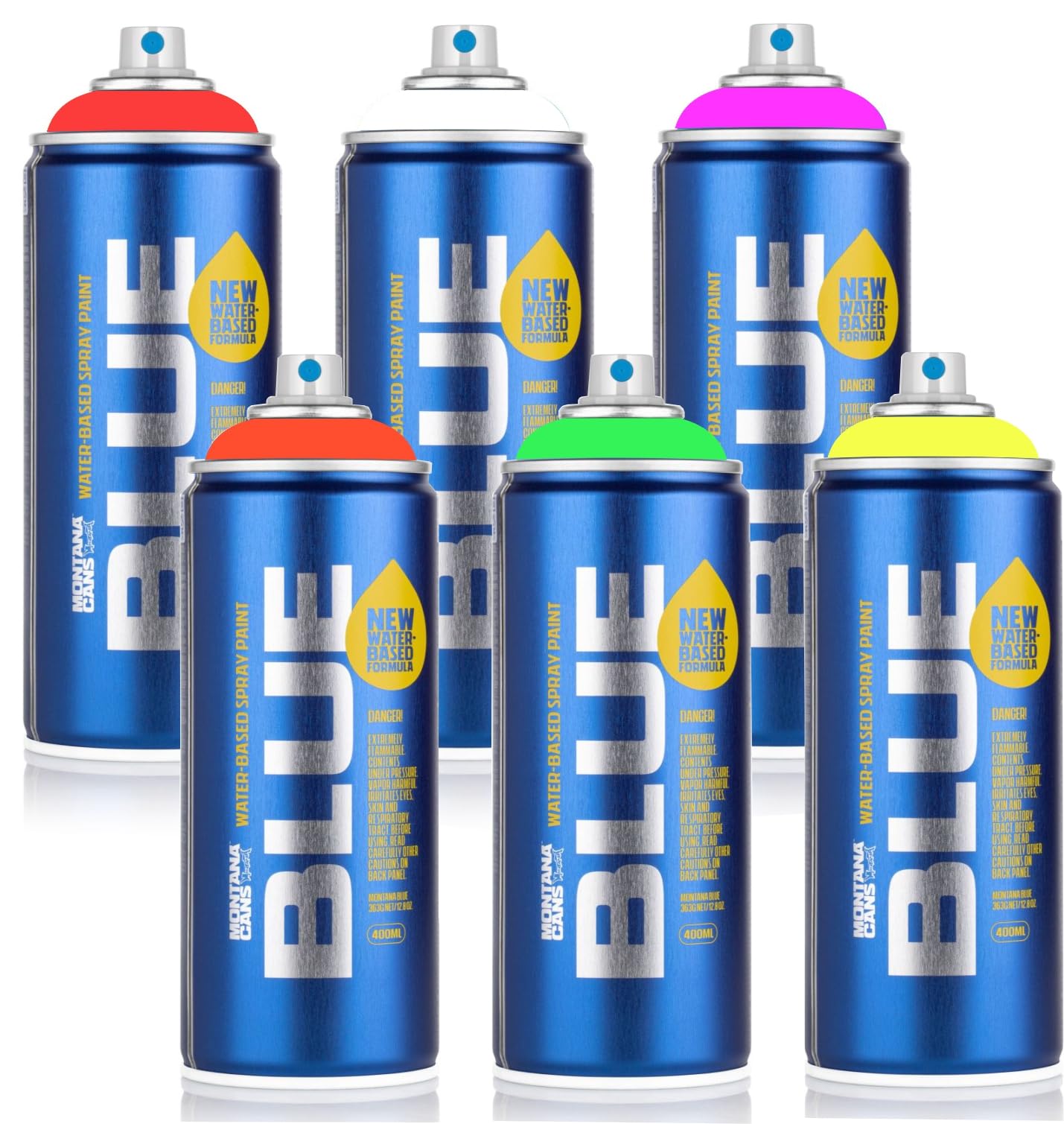 Montana Cans BLUE Neon Sprühdosen Set mit Weiß – 6x 400 ml wasserbasierte, fluoreszierende Sprühfarbe mit hoher Deckkraft – schnelltrocknend – Graffiti, Street Art, DIY, Kunst & kreative Projekte
