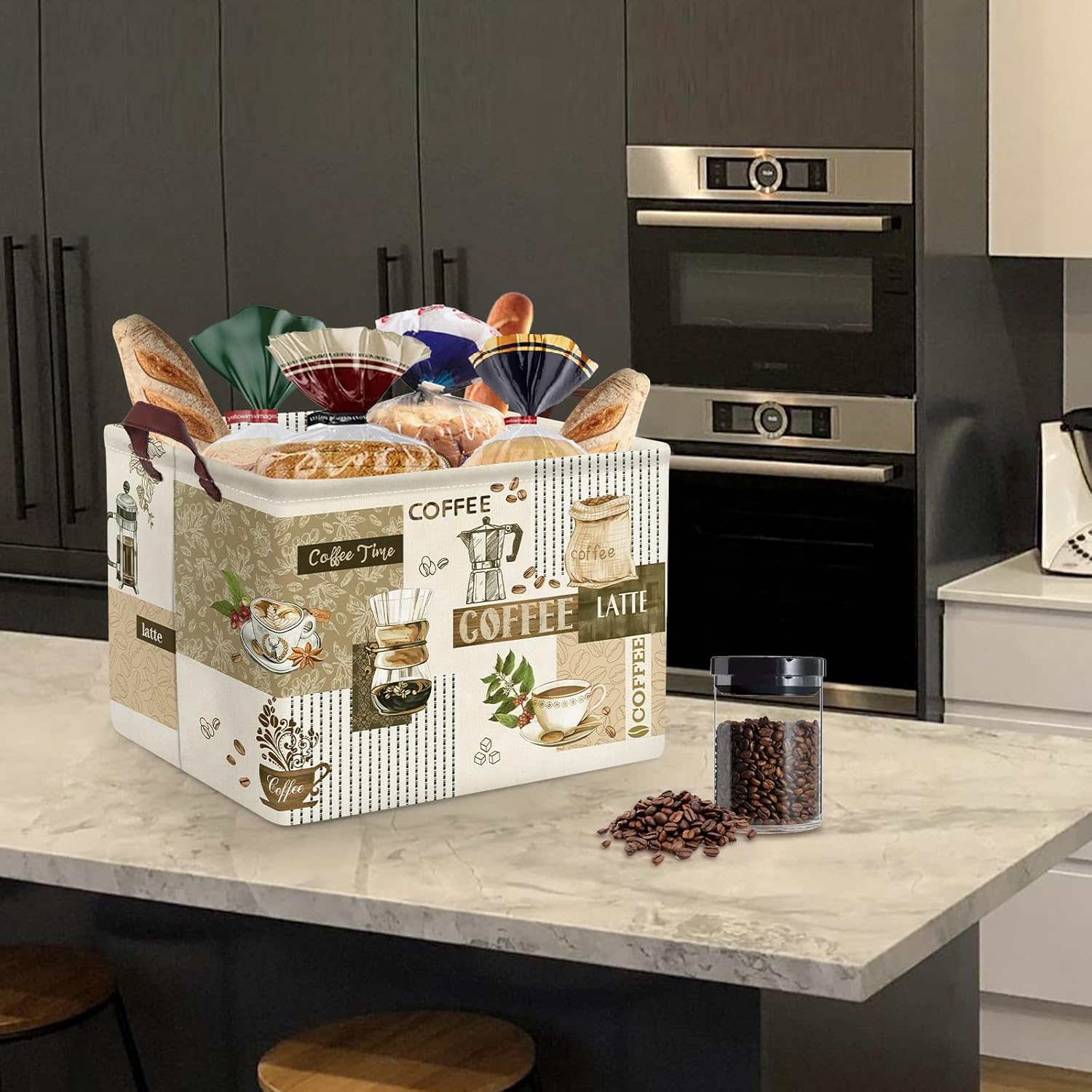 Clastyle Large Breaktime Coffee Theme Storage Basket Coffee Bean Cup Snack Kitchen Storage Bin Rectangle Brown Basket for Clothes Toy Book