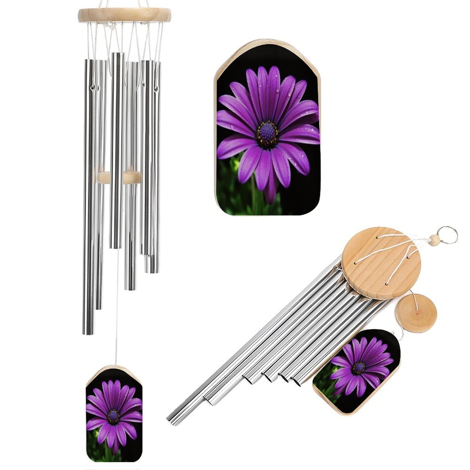 Purple Daisy Memorial Wind Chimes for Loss of Loved One - Wooden Sympathy Windchimes for Outside - Small Bamboo Windchimes Outdoors - Condolence Remembrance Gift (50CM)