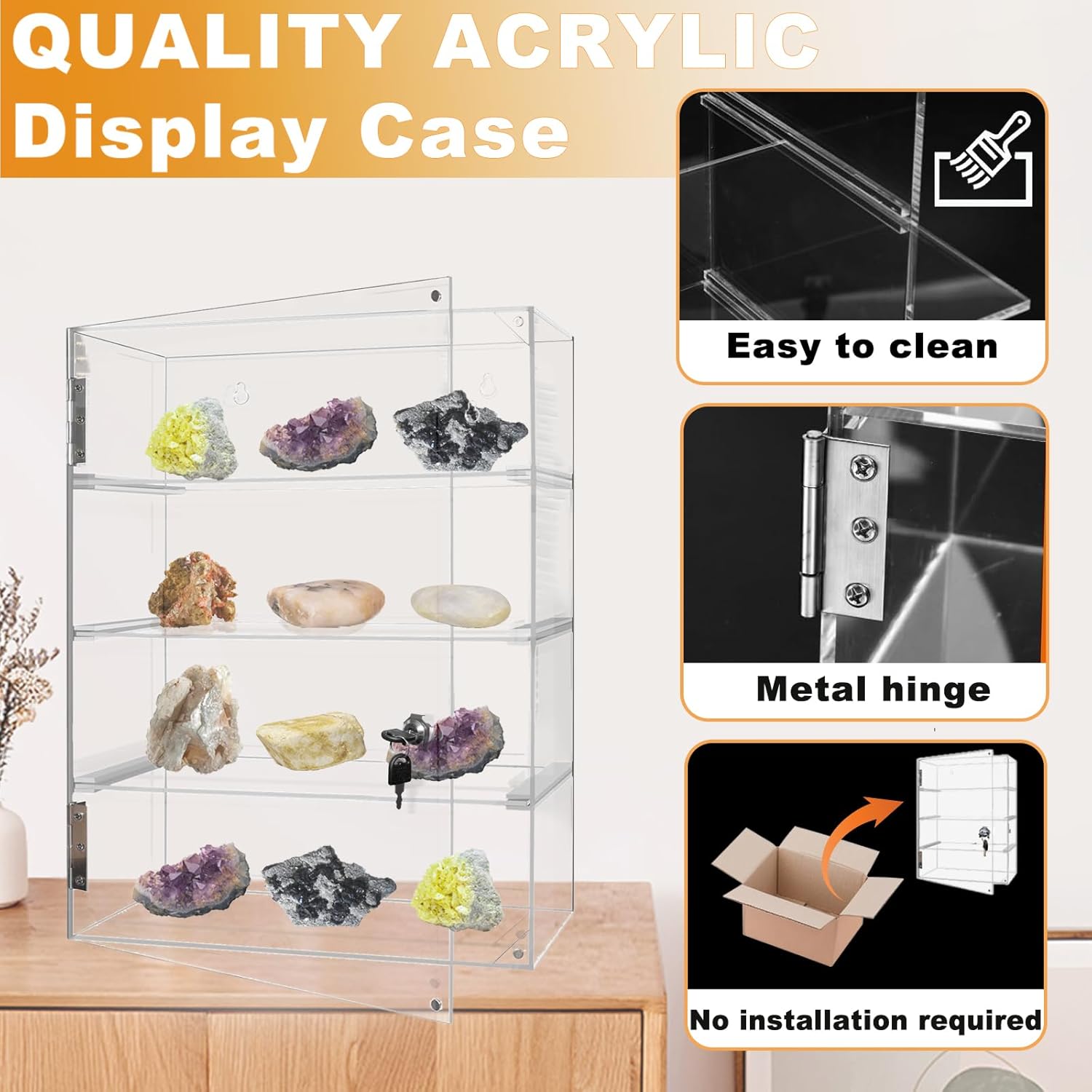 Acrylic Display Case with Lock Key 4 Tier Clear Display Case Locking Cabinet for Collectibles Figure Knife Rock Perfume Countertop Retail Showcase Display Box Wall Mount with Shelves 11.8x5.9x15.7 in