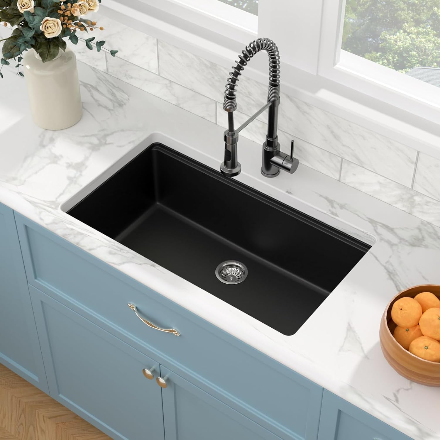 Sarlai Fregadero de cocina de granito compuesto de cuarzo negro mate de 30 x 19 pulgadas