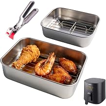 Stainless Steel Casserole Dish for Airfryer 2-Piece Set with Drip Rack & Sealing Lid, Hot Air Fryer Accessories for Ninja Cosori Philips - BPA-Free, Odourless, Robust & with Heat Protection Handles