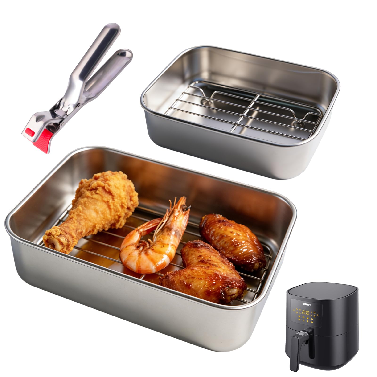 2er-Set Edelstahl Auflaufform für Airfryer mit Abtropfgitter | mit Dichtdeckelmit & Hitze-Schutzgriffen, Heißluftfritteuse Zubehör Kompatibel mit Ninja Cosori Philips