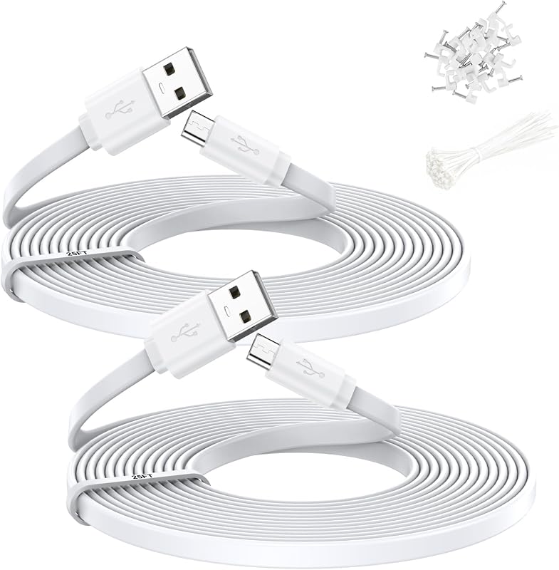 25FT Micro USB Charging Cord Flat Power Extension Cable 2 Pack, USB-A to Micro USB Charger Wire for Wyze Cam v4 v3 OG v3 Pro, Blink, Nest Indoor Cam, Kindle Fire, with 20 Cable Clips & 20 Cable Ties
