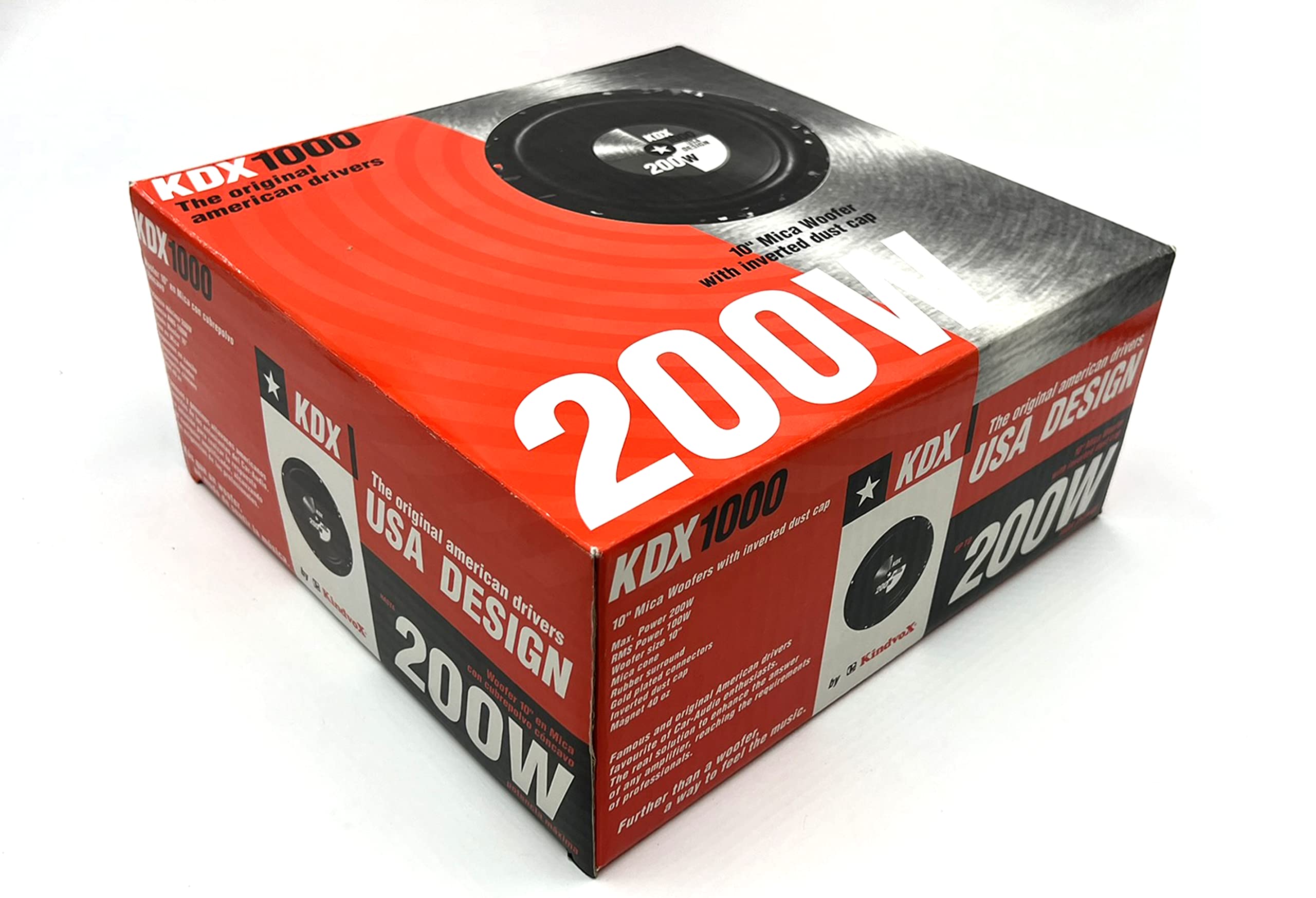 Potente subwoofer KDX1000 de 10 Pulgadas (250mm) con Cono de Mica y una Potencia máxima de 200W y Potencia RMS de 100W. Ideal para realzar los Graves en su vehículo. 1 Unidad