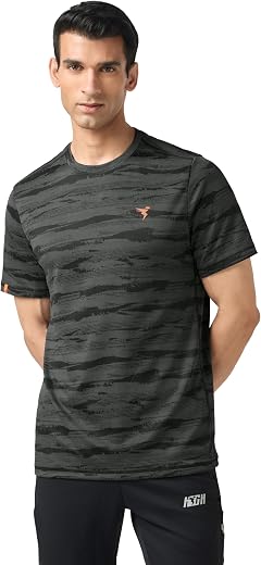 TECHNOSPORT Men's Slim Fit Jacquard Round Neck Half Sleeve T-Shirt for Running, Sports, Gym &amp; Regular Use