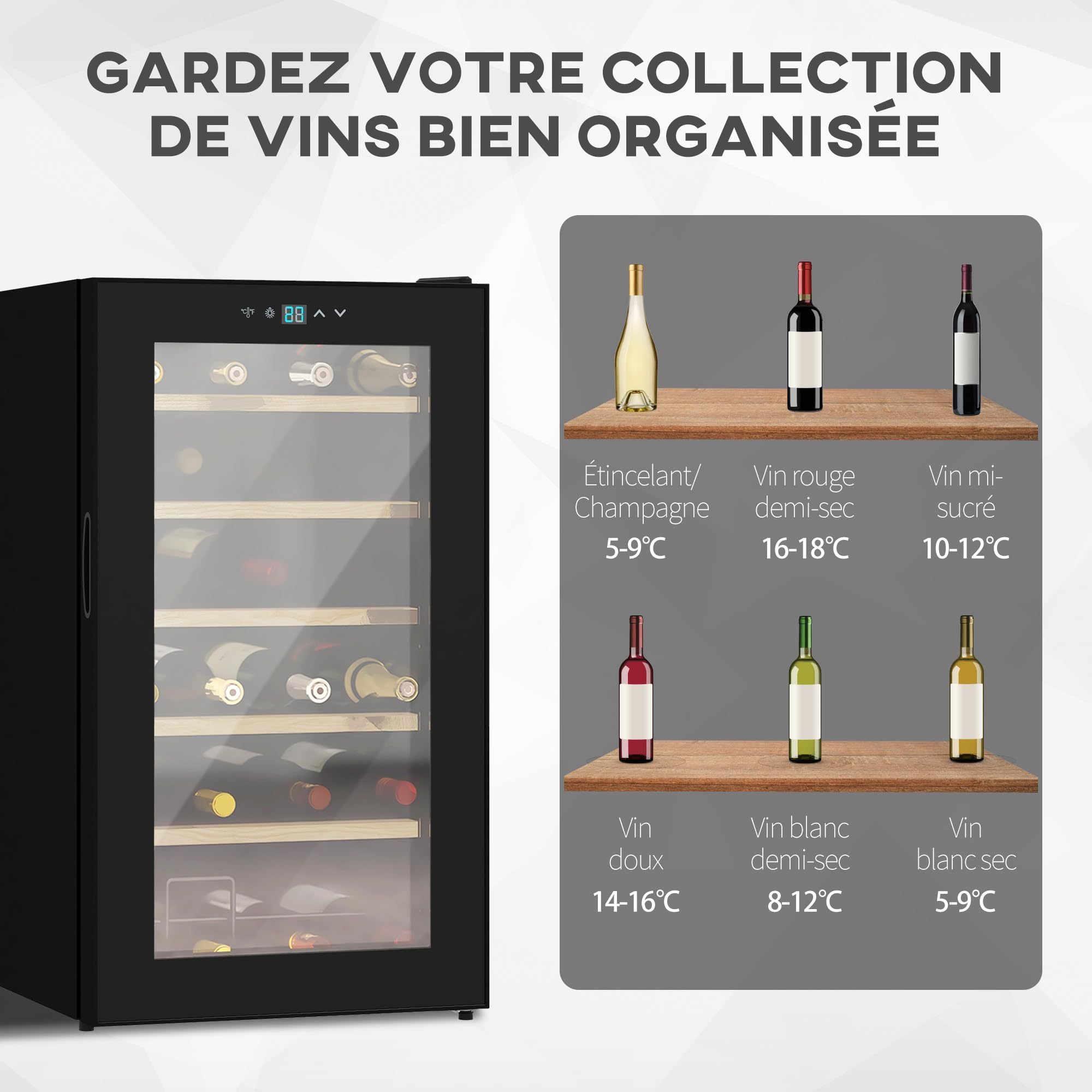 HOMCOM Cave à vin 24 bouteilles 65L, réfrigérateur à vin silencieux température réglable 5-20° LED noir