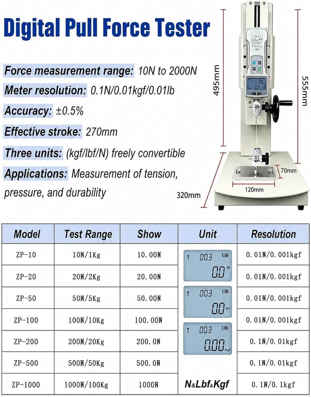 Dinamometro Digitale Manuale 10-2000 N, Banco Prova Verticale A Manovella con 5 Sonde, Banco Prova di Trazione Verticale A Manovella con Corsa di 270 Mm per Pesca E Arredamento Withruler-50N