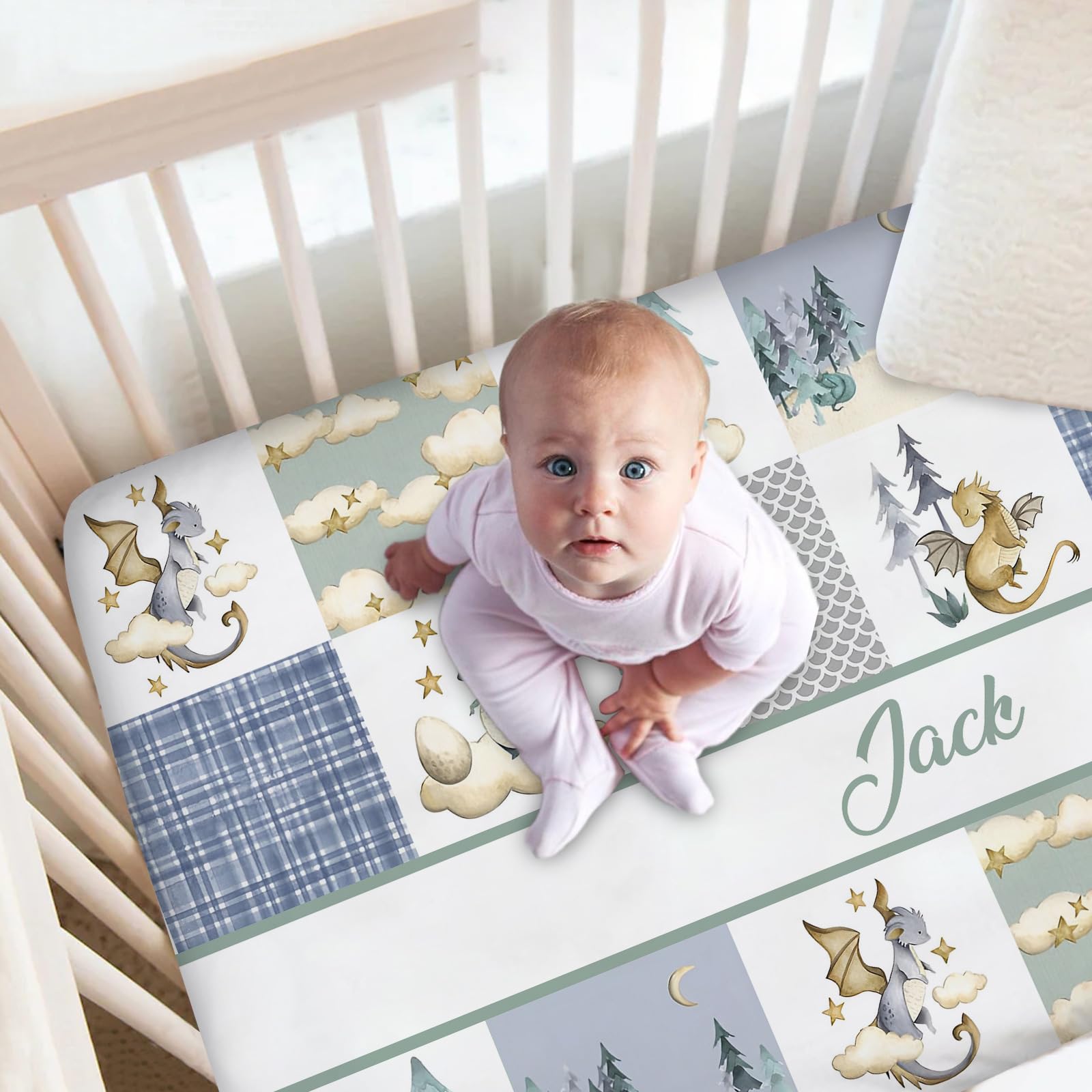 Personalized Flying Dragon Baby Bedding Set, Custom Name Comforter, 2 Piece Nursery Bedding Set with Fitted Sheets