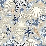 Boho Beige Cream Grey Blue Under The Sea Animal Coral Starfish Shell Peel and Stick Wallpaper Contact Paper Vintage Vinyl Stick on Wall Paper for Bedroom Bathroom Kitchen Cabinet Renter Friendly