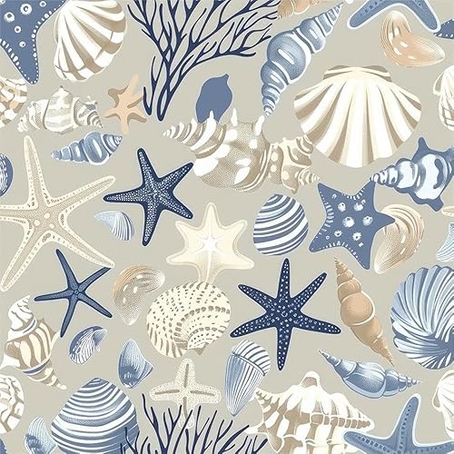 Boho Beige Cream Grey Blue Under The Sea Animal Coral Starfish Shell Peel and Stick Wallpaper Contact Paper Vintage Vinyl Stick on Wall Paper for Bedroom Bathroom Kitchen Cabinet Renter Friendly