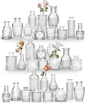 Glass Bud Vases, Set of 32, Mini Flower Vases for Centrepieces, Vintage Bottles for Table Decorations, Wedding Decor, Home, Clear 32, Clear