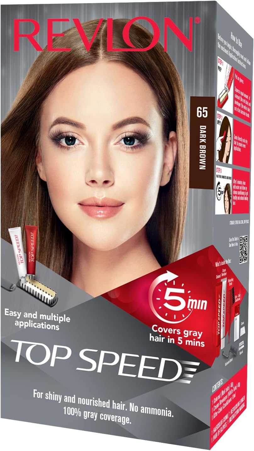 Revlon Top Speed Hair Color for Women Dark Brown | Ginseng Root Extract and Mother of Pearl | 100% Grey Coverage in 5 Minutes | Ammonia Free, Easy Application and Intense Conditioning - Dark Brown 65