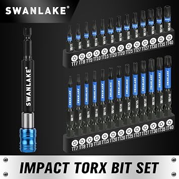 SWANLAKE Impact Torx Bit Set, 27-piece (TT7-TT40) 1''&2'' Security Tamper Proof Magnetic Screwdriver Bits, CNC Machined Tips, S2 Steel Long Torque Star Bits with 4'' Impact Bit Holder and Storage Box