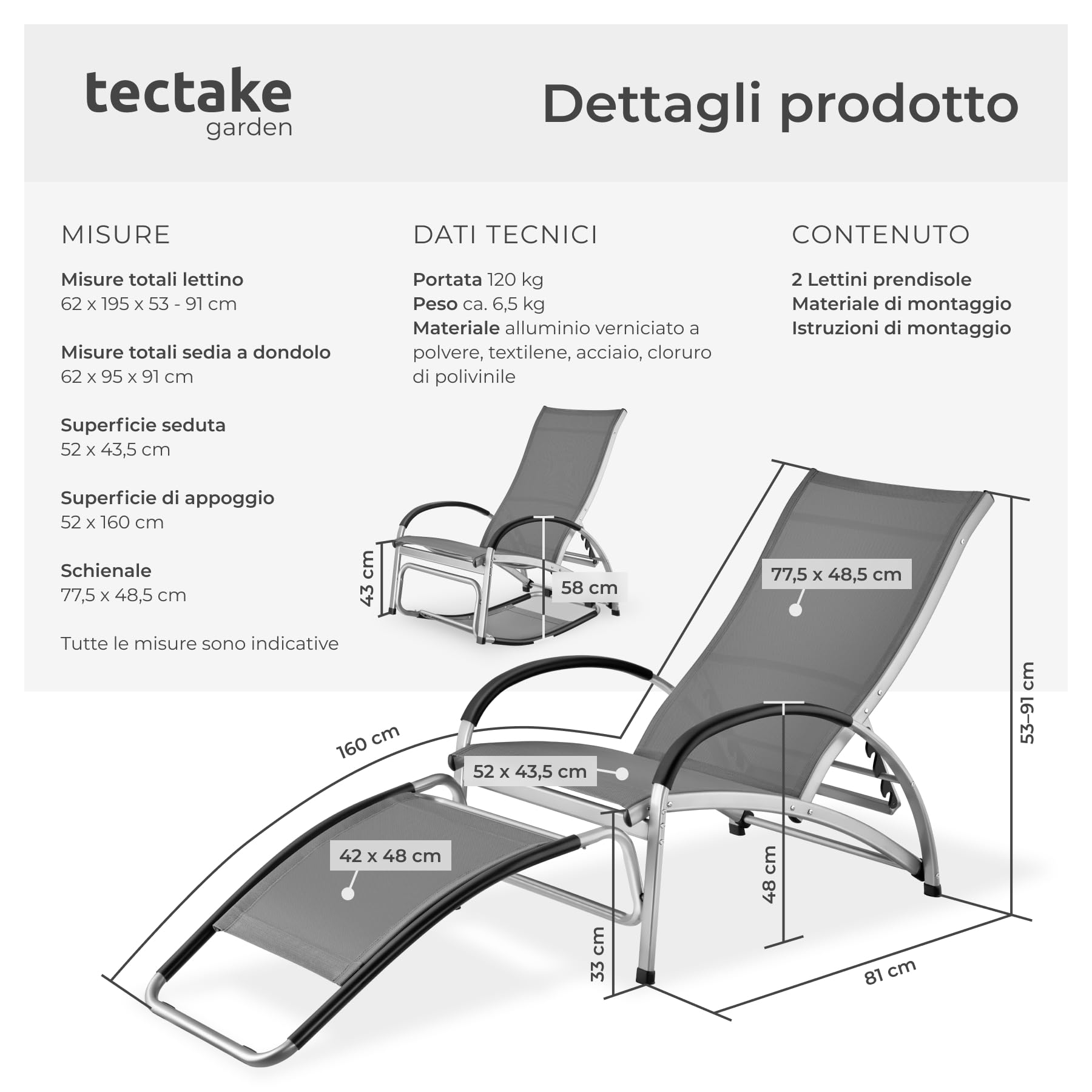 tectake® Set da 2 lettino prendisole 2in1, funzione sedia dondolo, schienale regolabile, struttura alluminio, superficie traspirante, sdraio da giardino, sedia a sdraio pieghevole - Antracite