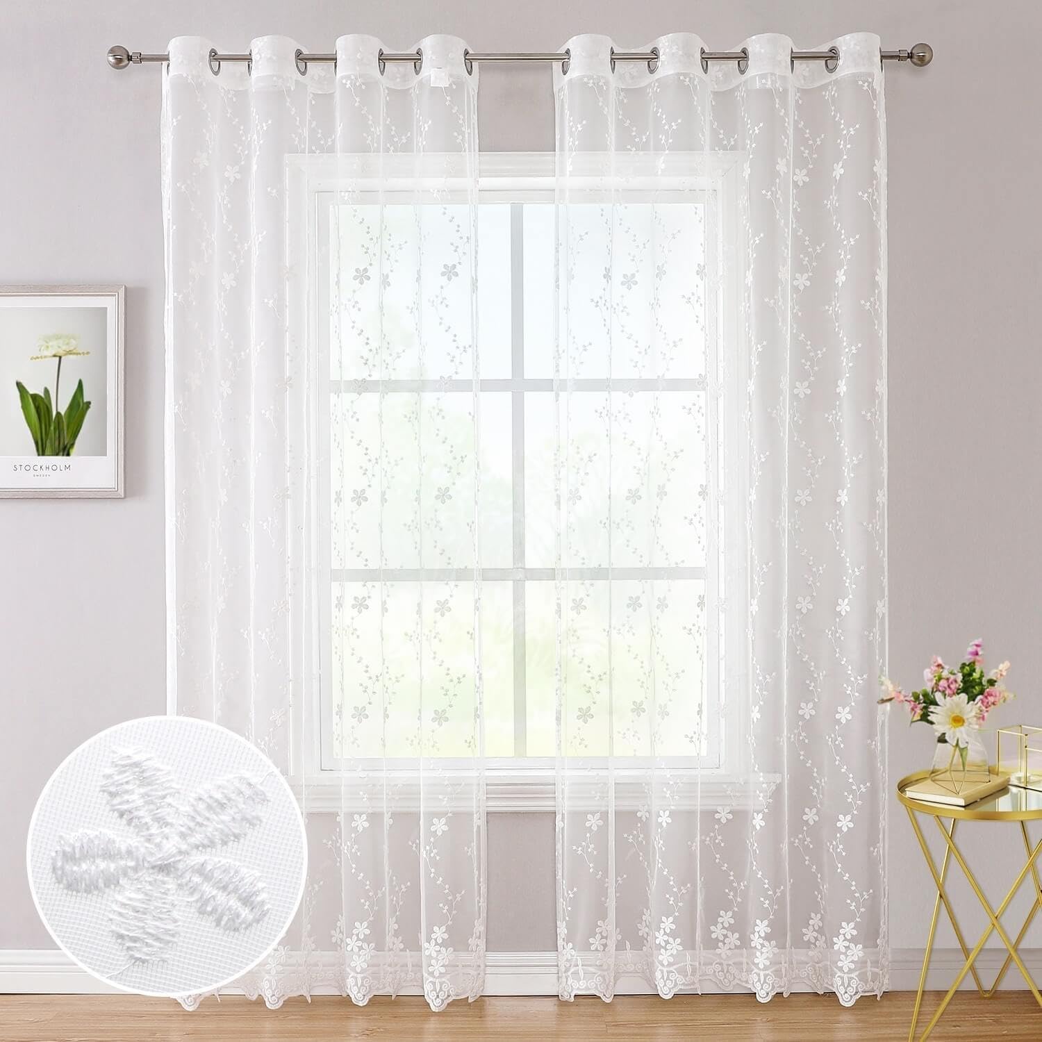WUBODTI Luxury White Lace Sheer Curtains 84 Inches Long 2 Panels for Living Room, Cute Vine Floral Embroidered Sheer Curtain Grommet White Elegant Tulle Curtain Drapes for Bedroom, Girls Room Decor