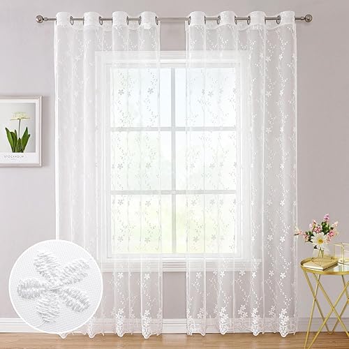 WUBODTI Cortinas traslúcidas de encaje blanco cortinas y cortinas bordadas con flores y ojales cortinas vintage de tul de lujo para sala de estar