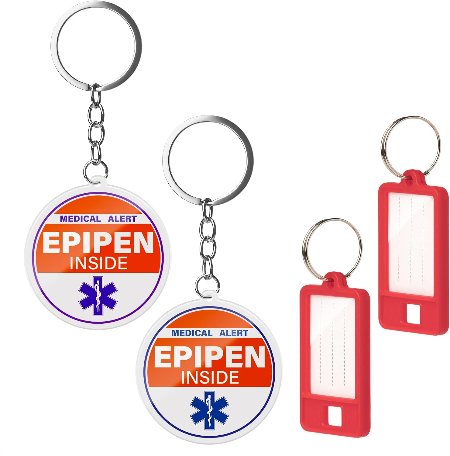 2PK EpiPen Inside Keychain with Medical ID Tags, High Visibility Allergy Alert Bag Tag for Kids School Backpack, Purse, Travel Case, Emergency Medical ID Accessory for Anaphylaxis & Asthma (Red)