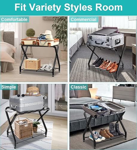 Miniatura 4 de Portaequipajes plegable con estante de almacenamiento de 2 niveles, organizador de equipaje plegable con marco de acero para maleta, soporte de