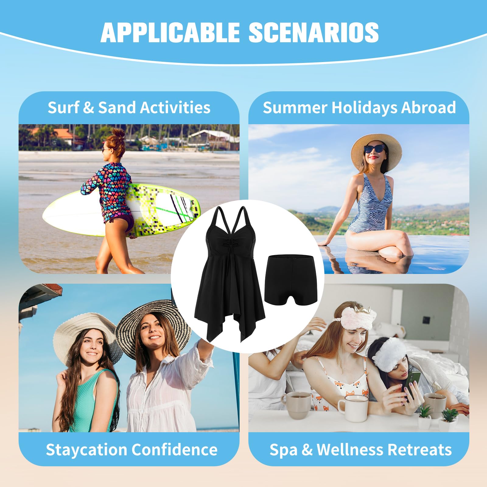 KAKU NANU Traje de baño de 2 piezas para mujer, tankini fluido con pantalones cortos, S-3XL, traje de baño con acolchado extraíble, ropa de playa, negro, azul marino, rojo, amarillo y verde