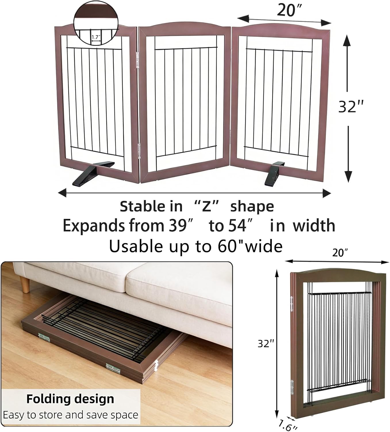 Dog Fence Indoor,Dog Gate Indoor for Doorway pet gate -3-Panel Freestanding, Hallways, House or Stairs -60x32-Inch Retractable Foldable Expandable Wood Pet by SFJC (Brown)