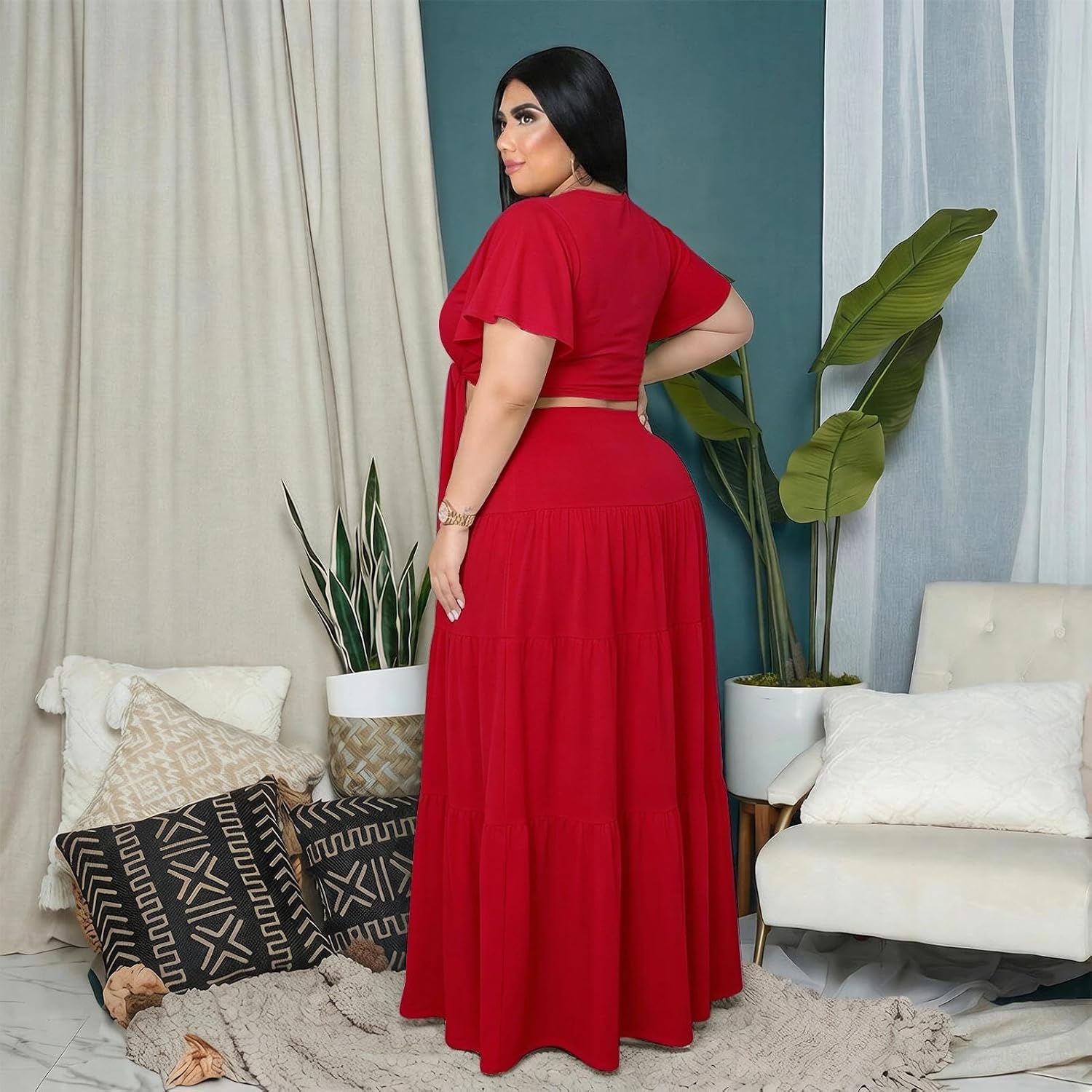 Plus Size Two Piece Sets for Women Summer 2 Pc Boho Vacation Outfit Short Sleeve Crop Top & Flowy Maxi Skirt Set