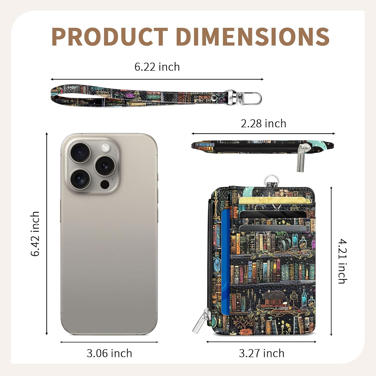 Book Credit Card Holder Slim Wallet, Library Cat PU Leather Front Pocket Small Wallet Card Holder, RFID Blocking Women Wallets with Hand Strap, Thin Card Case ID Window, Travel Credit Cards Organizer