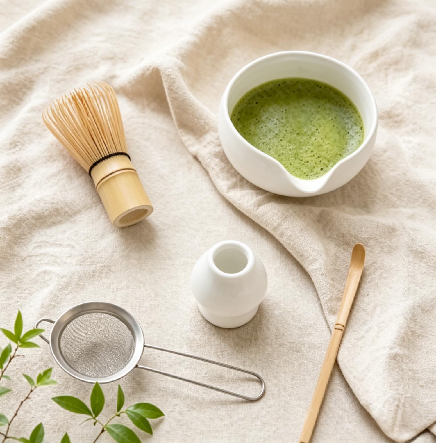 Matcha Schneebesen Set 4-teilig, mit 510.3 g Keramik Matcha Schüssel mit Ausgießer, Bambus-Schneebesen, Halter, Schaufel, für tägliche Rituale & ideales Geschenk für Teeliebhaber, elegantes modernes