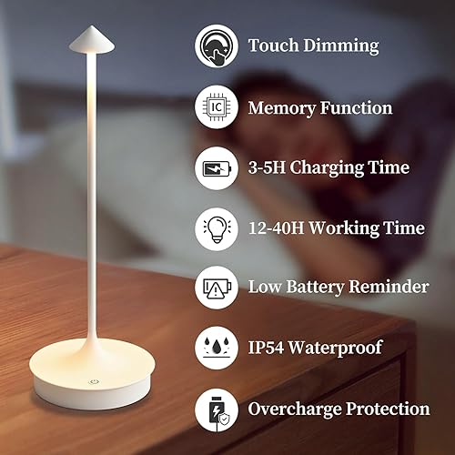 Miniatura 2 de Lámpara de mesa inalámbrica recargable LED funciona con pilas, lámpara de mesa de 4000 mAh, lámpara táctil regulable al aire libre, impermeable,