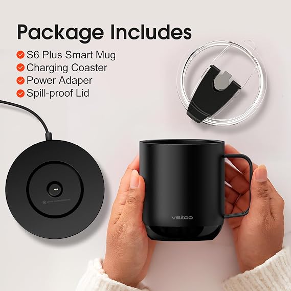 VSITOO S6 Plus 12oz Self Heating Coffee Mug, Music-Reactive Ambient Light | AI Beverage Detection, Auto Heating. Music-Reactive Ambient Light, Button/App Control. 120150F, 1F Temperature Adjustment.