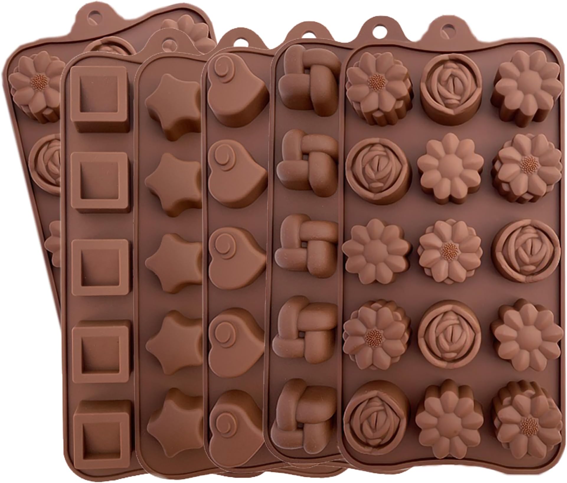 6 Pcs Cute Silicone Molds - Fancy Shapes Small Chocolate Molds - Non-Stick, Easy to Use & Clean Candy Molds - Mini Chocolate Molds Silicone Trays for Cake Decorating - Flowers, Emojis, Hearts, Stars