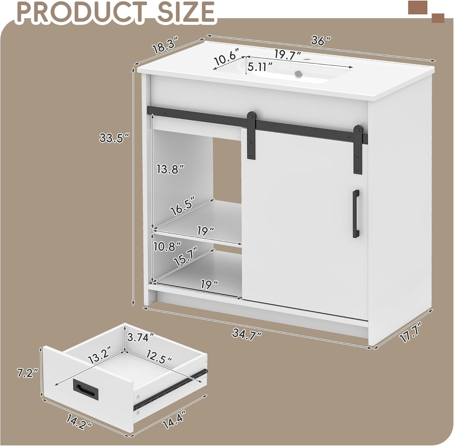36 Inch Bathroom Vanity with Sink, Freestanding Bathroom Vanity Cabinet Set with Drawers & Sliding Door, Single Ceramic Sink Bathroom Vanities with Metal Handles, White