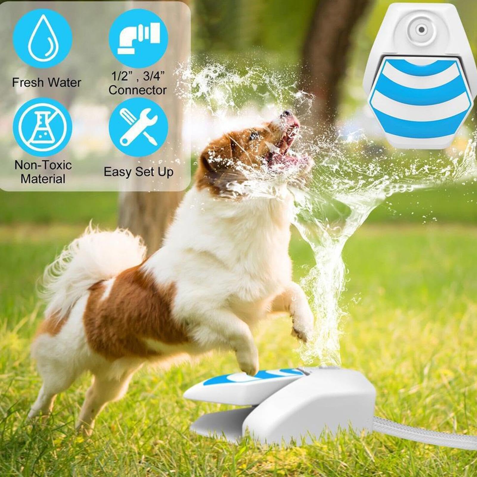 Aspersor de agua interactivo para perros – de agua para perros con manguera de 1,5 m | Para verano, exterior, césped, terraza, patio trasero, jardín, pasarela,