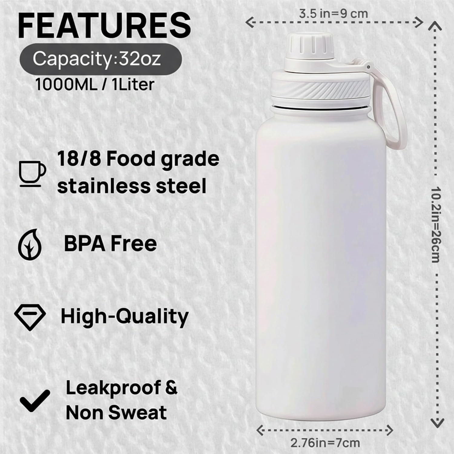 White 32 oz Insulated Water Bottle, Large Metal Stainless Steel Water Flask, Big Sports Travel Mens Water Bottle for Gym,Hiking,1 liters Leakproof Insulated Thermal Bottle with 2 Cream Lids