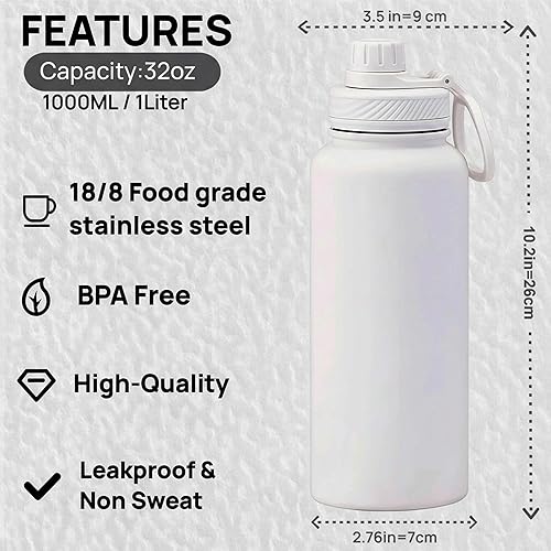Miniatura 2 de Botella de agua blanca aislada de 32 onzas, botella de agua grande de acero inoxidable de metal, botella de agua para hombre, para gimnasio,