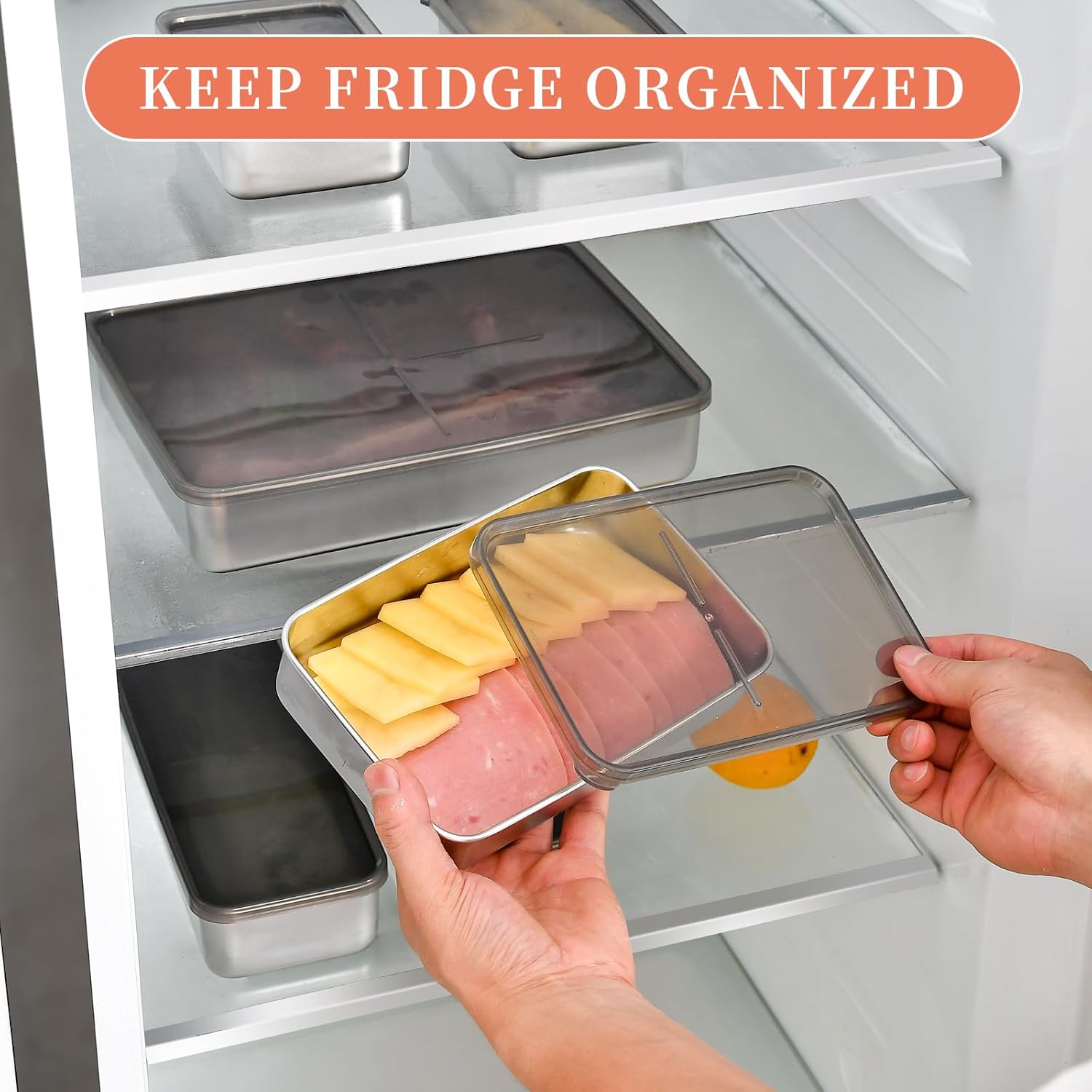 UPTRUST 6 Pack Bacon Cheese Container for Refrigerator, Stainless Steel Meat Container, Dishwasher Safe Storage Containers with Lids for Fridge, 4 Sizes