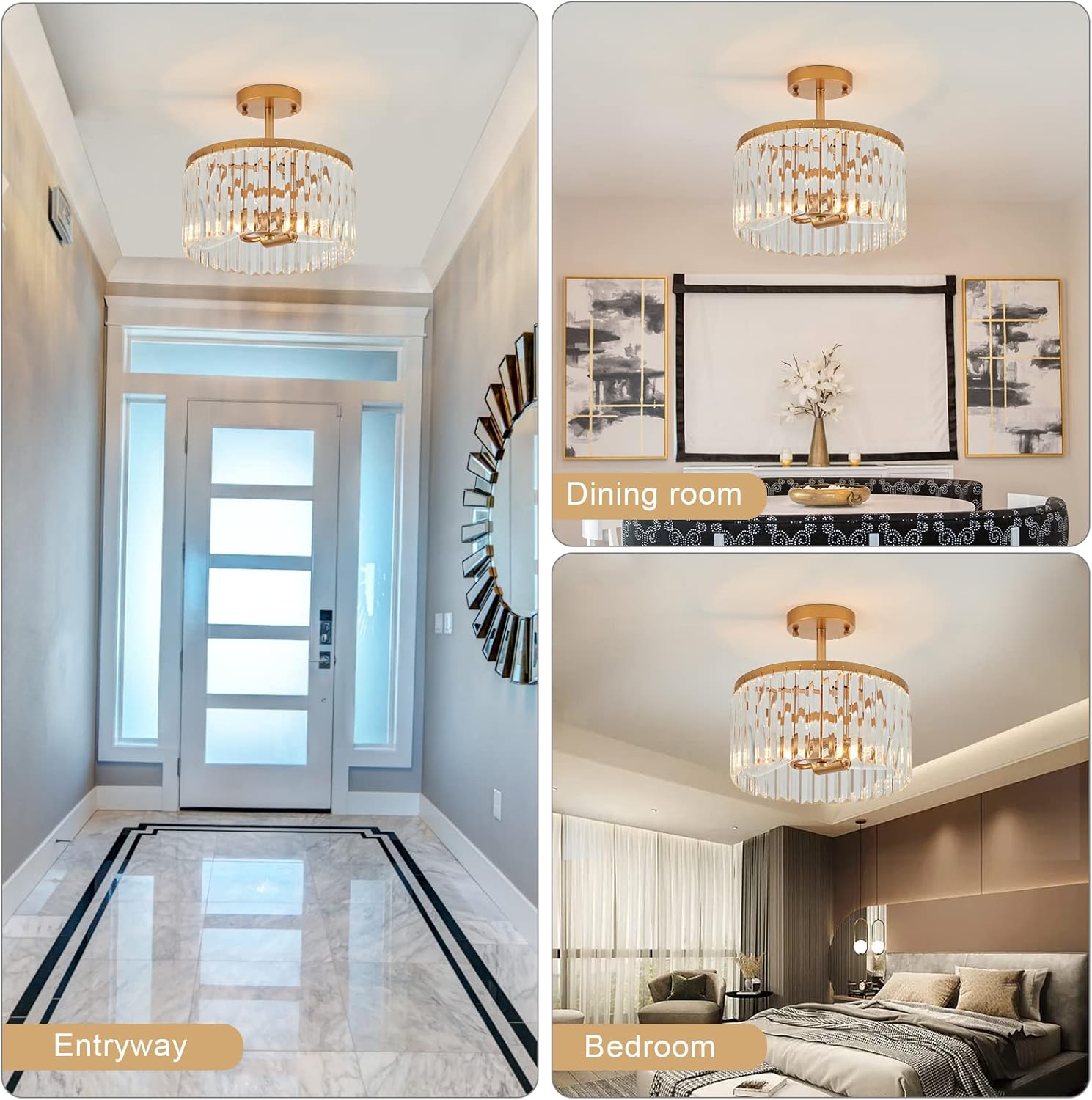 12" Gold Semi Flush Mount Crystal Ceiling Light Fixtures for Kitchen Modern Industrial 2-Light Small Chandeliers Lighting for Bedroom Entryway Hallway Living Dining Room Foyer