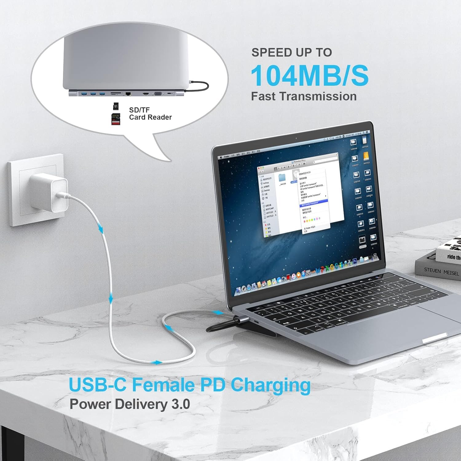 Docking Station for Laptop, 10 in 1 USB C Adapter Docking Station with 4K HDMI & VGA, 3 x USB 3.0, Gigabit Ethernet RJ45 LAN, USB C PD, SD/TF Card Reader, 3.5mm Audio/Mic (10)