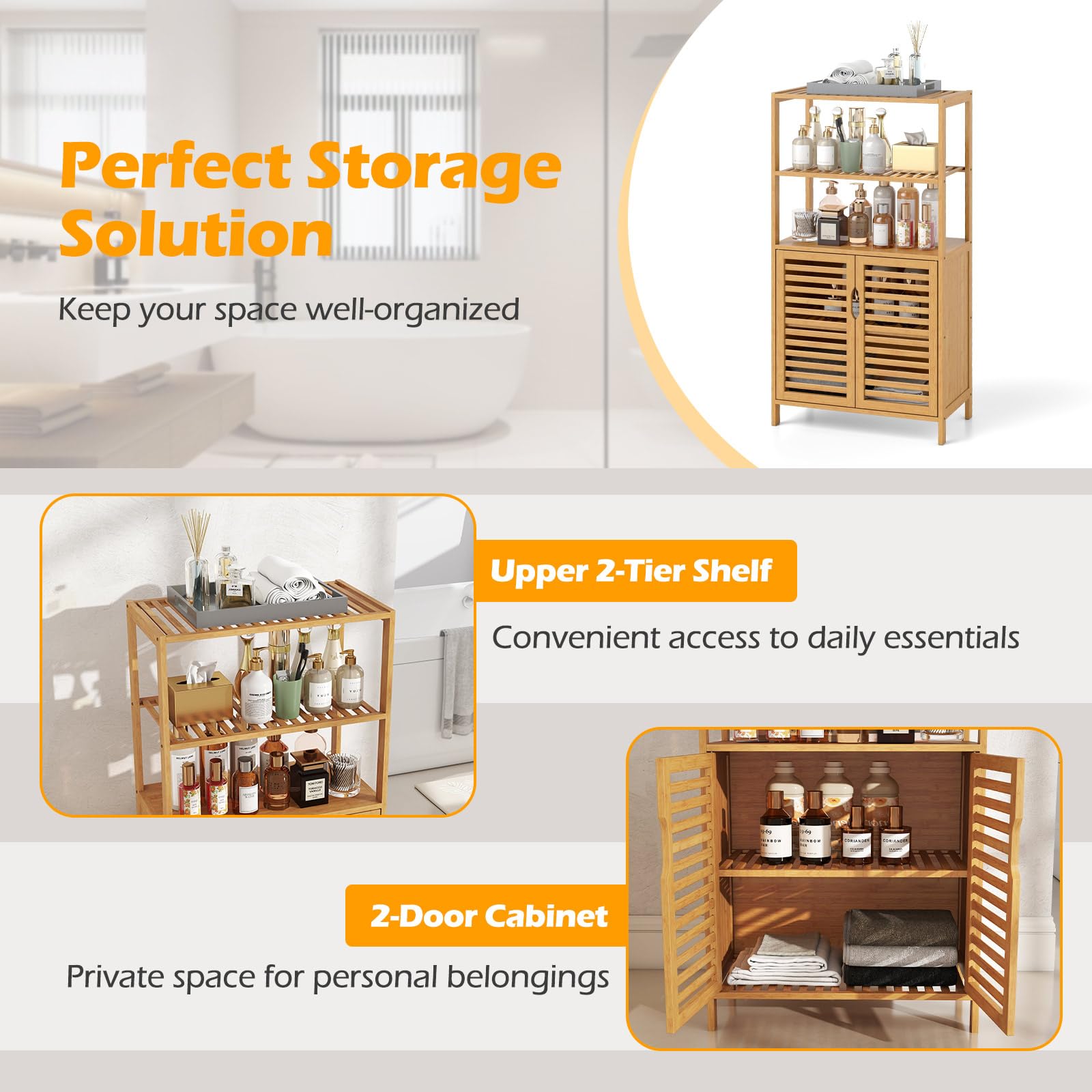 GIANTEX Armadietto Bagno Armadietto Bagno con 2 ripiani aperti e ante 60 x 33 x 116 cm Libreria in Bambù Scaffale portaoggetti per Soggiorno, Studio & Cucina