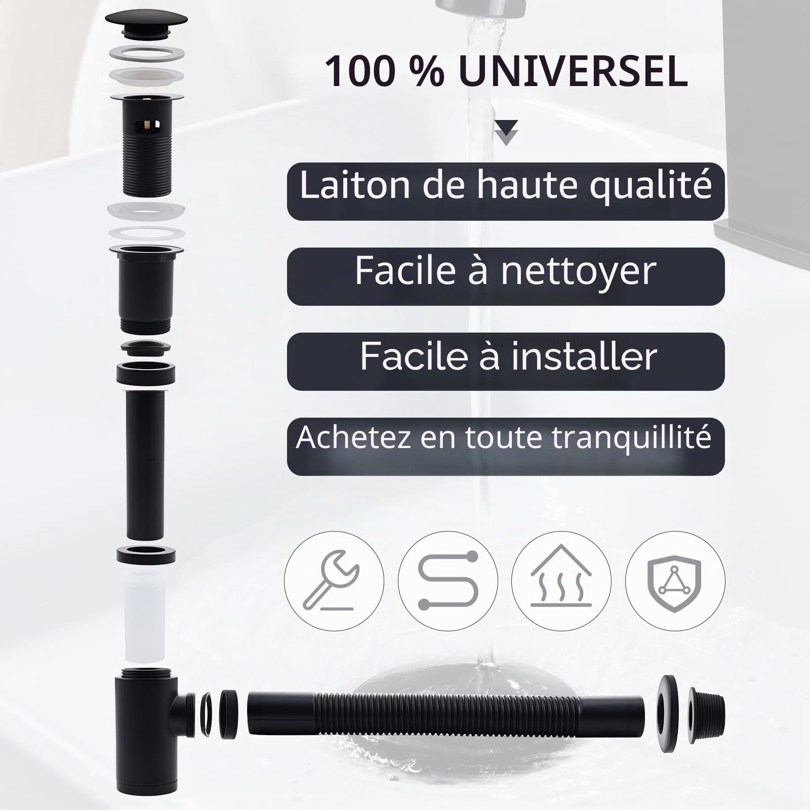 HOMELODY Siphon lavabo avec bonde à valve pop-up pour un style noir mat élégant dans votre salle de bain, siphon universel en laiton avec bouchon de lavabo et ouverture de nettoyage