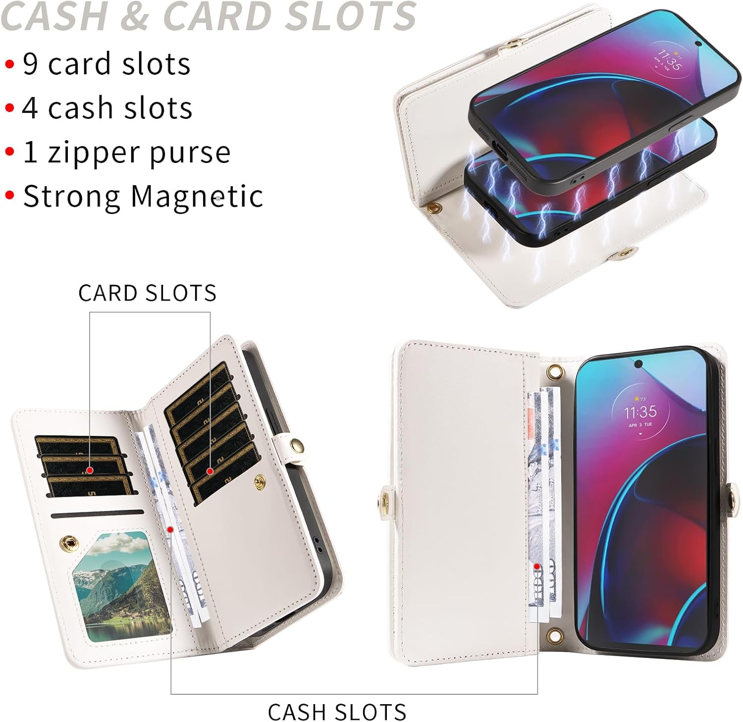Asuwish Phone Case for Moto G Stylus 2022 4G Zipper Wallet Detachable Cell Cover with Screen Protector Crossbody Strap Bling Flip Credit Card Holder Motorola GStylus XT2211DL XT2211 Women Girls White