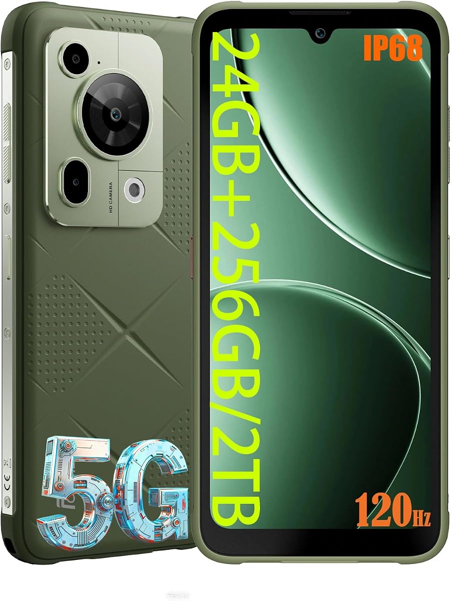 OSSIBOT F112 Pro 5G Rugged Smartphone, 24GB+256GB/2TB Android 14 Unlocked Phone, 7150mAh Battery Cell Phone, 6.88'' Display, Dual SIM 5G Phone, IP68 / IP69K,NFC,2026 (Green)